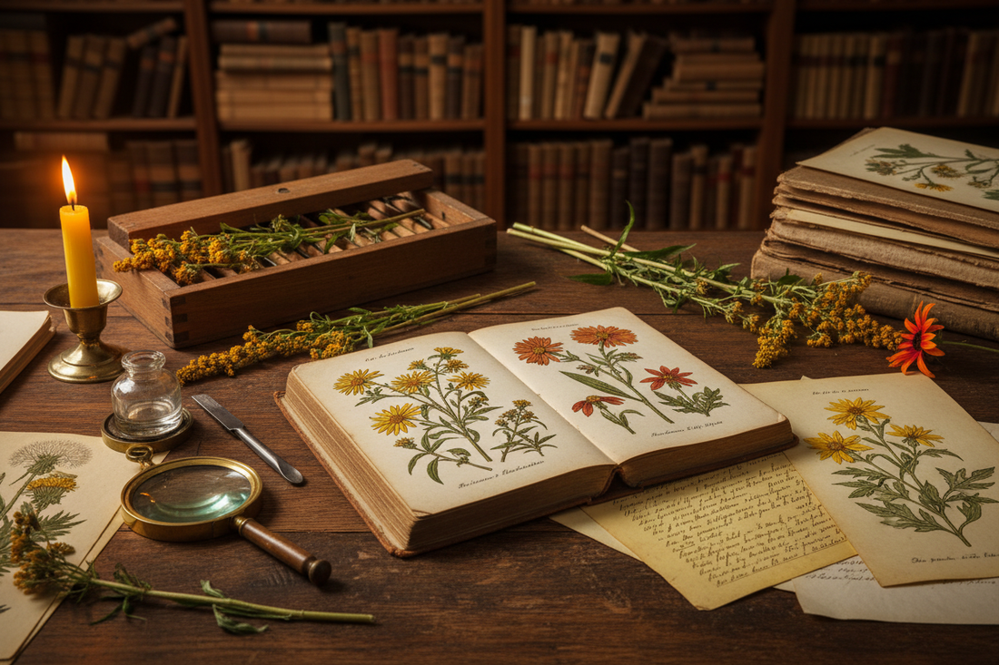 German herbarium desk with open botanical manual, brass magnifying glass, botanical press, dried wildflower specimens and loose Asteraceae engraving plates in warm candlelight - LeBonJournal