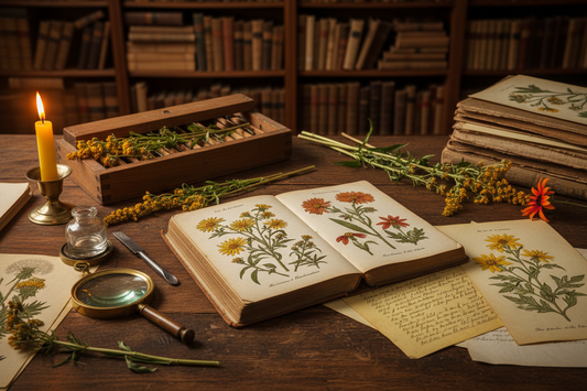 German herbarium desk with open botanical manual, brass magnifying glass, botanical press, dried wildflower specimens and loose Asteraceae engraving plates in warm candlelight - LeBonJournal
