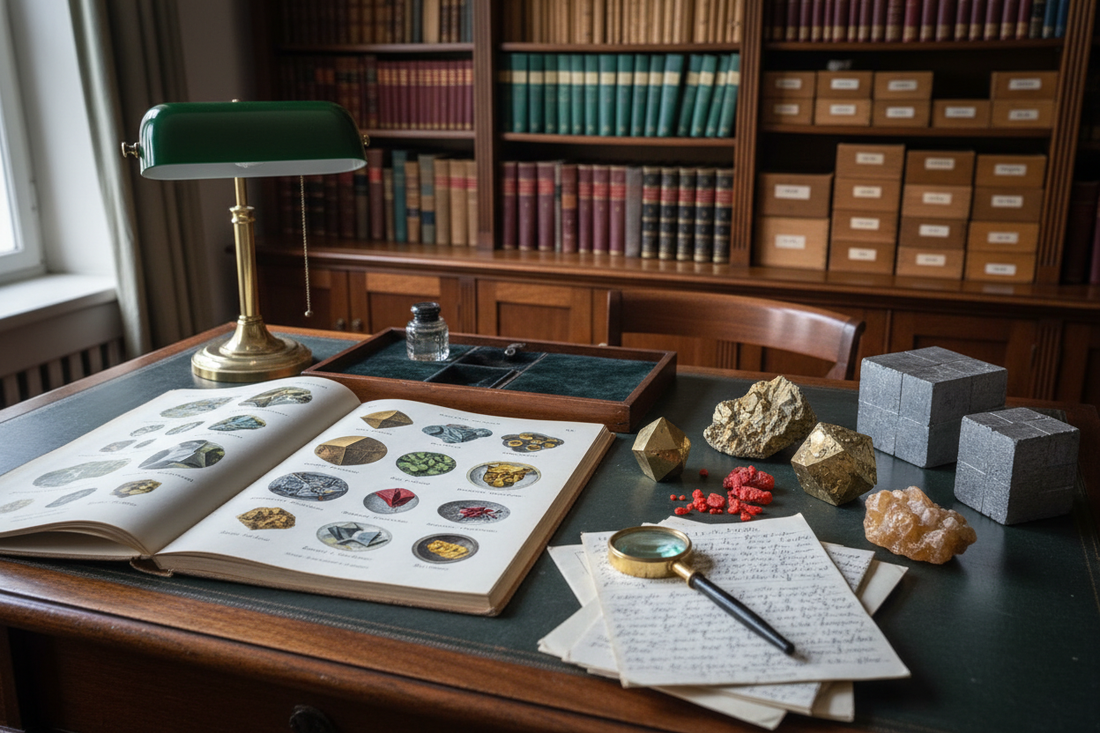 German mineralogist's study circa 1935 with open chromolithographic mineral atlas, pyrite galena cinnabar and sphalerite specimens, brass magnifying loupe and handwritten field notes in warm window light - LeBonJournal