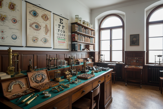 German optical laboratory circa 1920s with brass ophthalmoscopes trial lens sets anatomical eye wall charts and Snellen chart in Weimar Republic medical setting