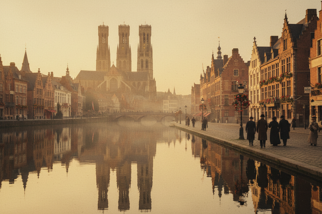 The three medieval towers of Ghent reflected in the Leie river at golden hour, Belle Époque atmosphere, summer 1913 - LeBonJournal