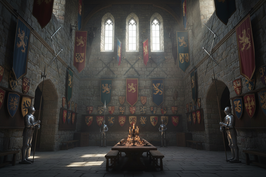 Medieval castle great hall with heraldic banners coats of arms shields suits of armor and crossed swords celebrating Hugo Gerard Ströhl Heraldischer Atlas 1899 European heraldry