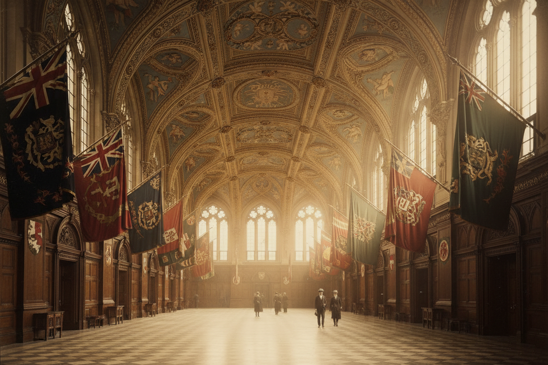 Grand Victorian ceremonial hall circa 1908 with flags of the British Empire and European nations displayed on tall flagpoles, Edwardian figures in formal dress in the background - LeBonJournal