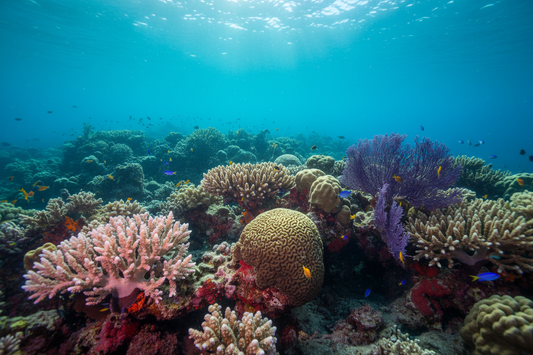 Great Barrier Reef corals in shallow tropical water — branching, brain and fan corals in vivid pinks, purples and yellows as documented by Saville-Kent 1893