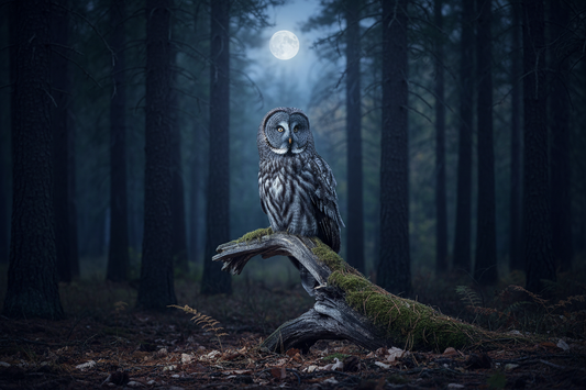 Great gray owl perched on mossy log in North American pine forest at night with moonlight and blue-silver tones