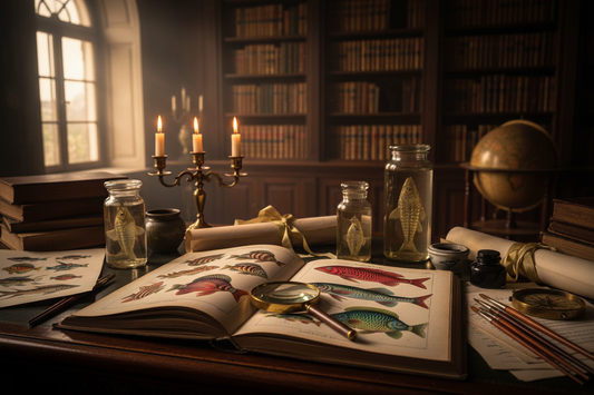 Austro-Hungarian imperial cabinet of curiosities with open zoological atlases showing chromolithographic fish plates, specimen jars and magnifying glass, Vienna 1887 - LeBonJournal