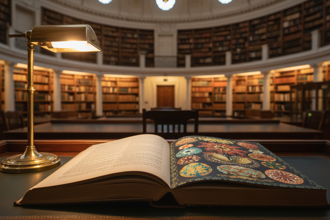 Ernst Haeckel's Kunstformen der Natur open to a sea creatures plate inside the Radcliffe Camera library Oxford, warm golden light and curved bookshelves in the background