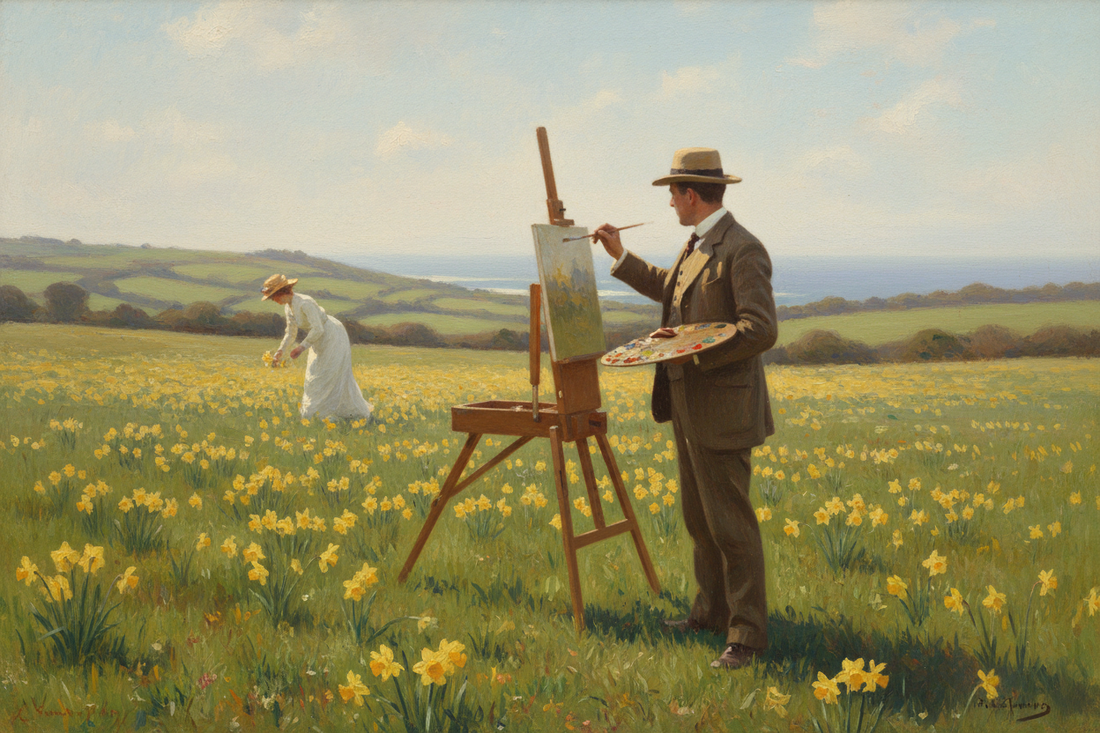 Edwardian painter at easel in Cornish daffodil meadow painting a woman picking flowers, Newlyn School plein air tradition