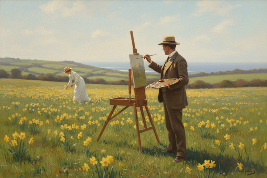 Edwardian painter at easel in Cornish daffodil meadow painting a woman picking flowers, Newlyn School plein air tradition