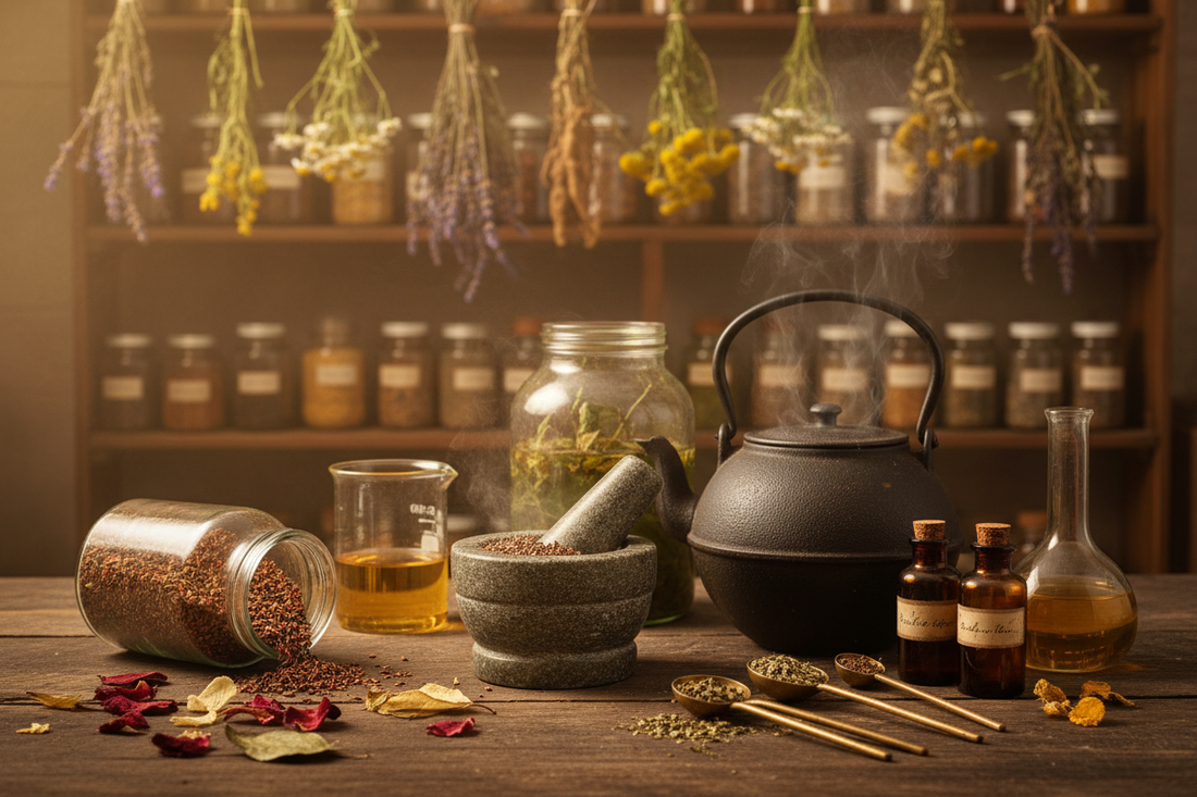 Herbalist's home laboratory in process — stone mortar, open seed jar, steaming kettle, macerating herbs in glass jar, measuring spoons and beaker on wooden table, dried flowers hanging above