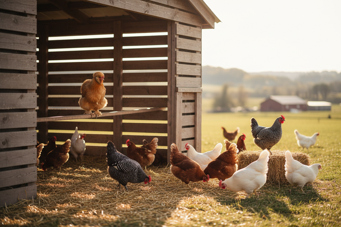 Heritage breed chickens in a rustic wooden coop at golden hour — Buff Orpingtons, Barred Plymouth Rocks, Rhode Island Reds and White Leghorns in warm afternoon light