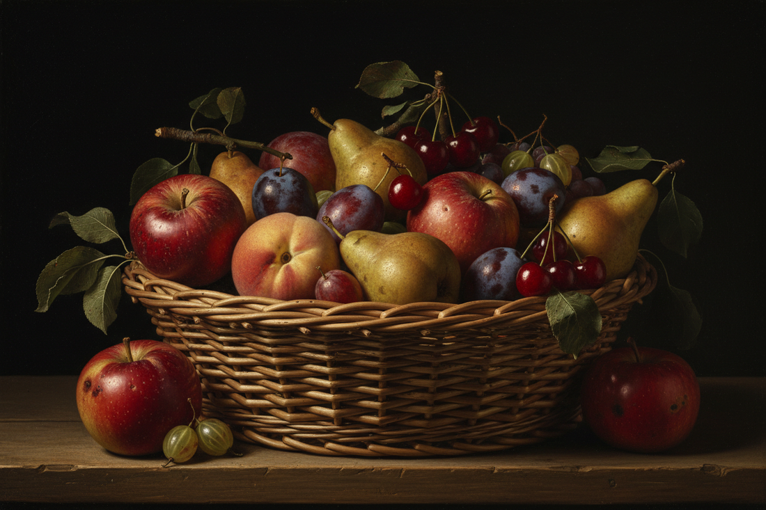 Wicker basket overflowing with heritage fruits — apples, pears, plums and cherries