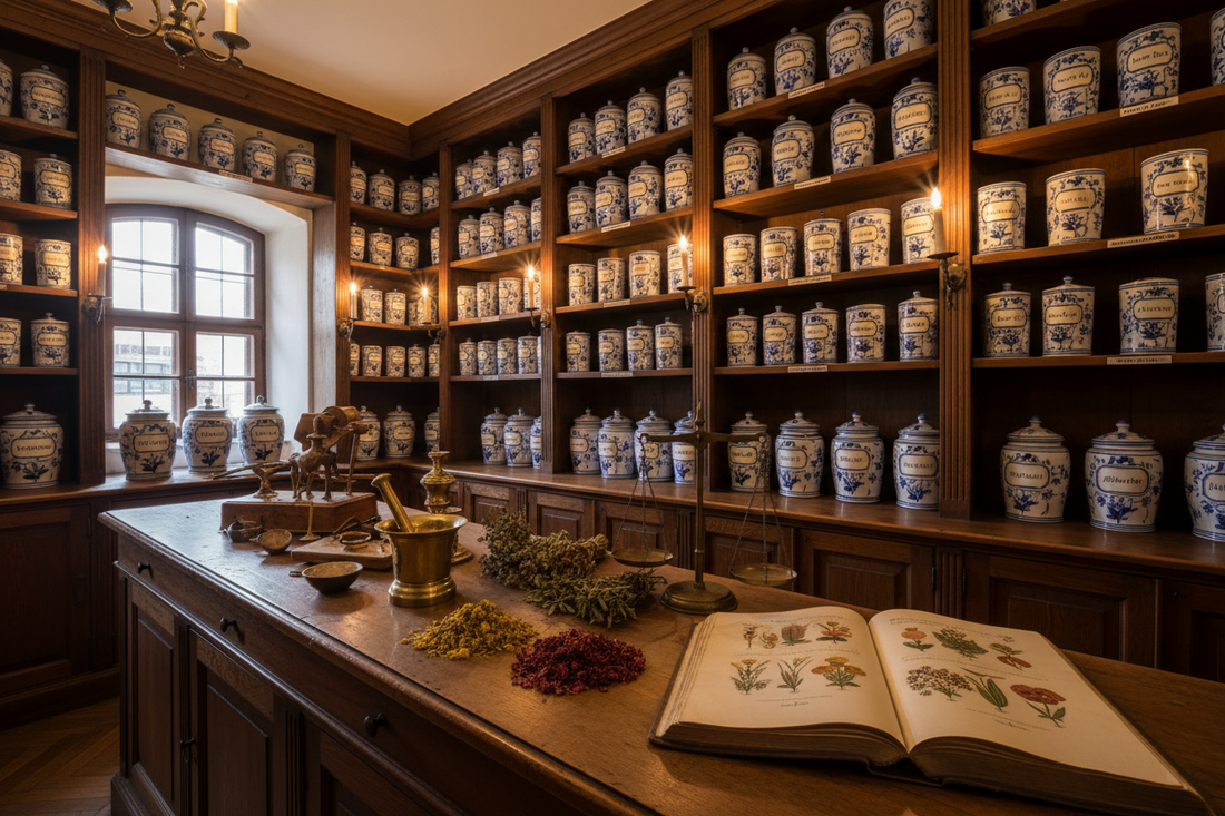 Historic 18th century European apothecary with floor-to-ceiling shelves of decorated ceramic jars, brass mortar and pestle, dried medicinal flowers and open herbal book on wooden counter - LeBonJournal