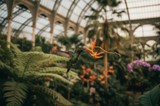 Iridescent hummingbird in close-up hovering mid-flight with emerald and ruby plumage, Victorian Palm House at Kew Gardens softly blurred in the background