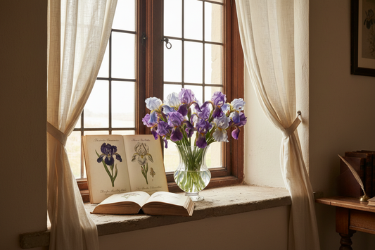 Violet-blue English iris in glass vase on windowsill with open 18th-century botanical illustration book, soft natural light