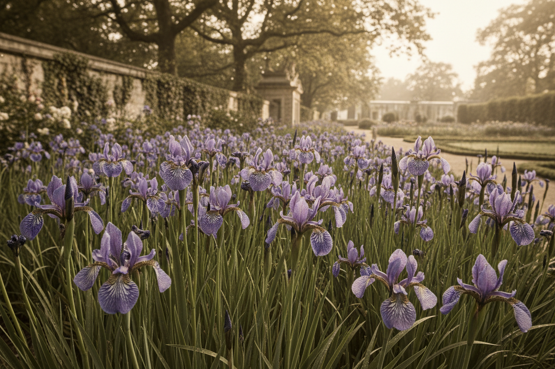 Iris sibirica in full bloom in a 19th century European botanical garden, violet-blue flowers with white and yellow markings on tall slender stems in soft morning light - LeBonJournal