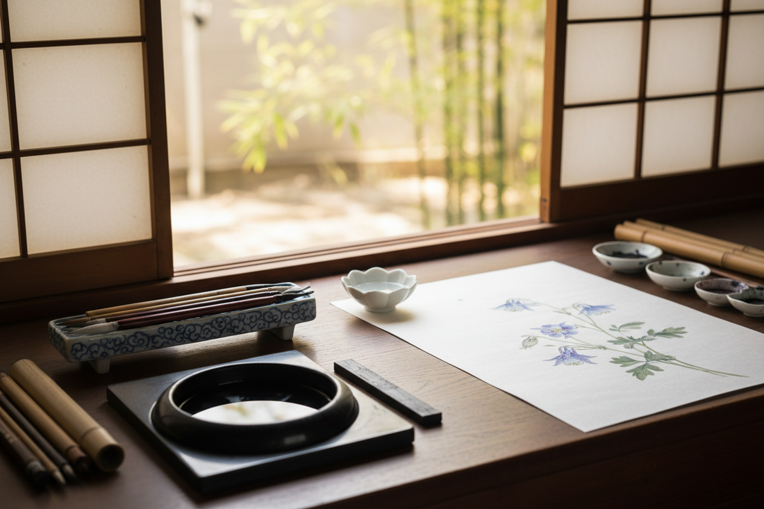 Japanese artist's studio desk with calligraphy brushes, sumi ink stone and washi paper botanical illustration of aquilegia, warm natural light through shoji screen
