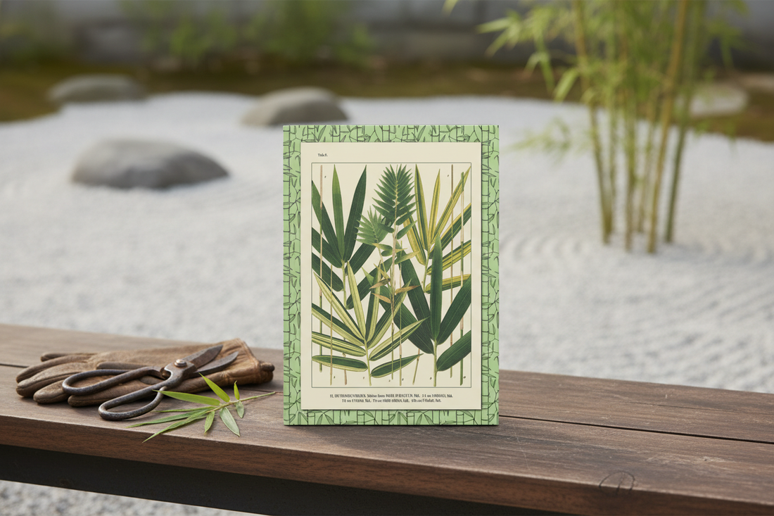 Japanese bamboo journal with Shirasawa Makino 1912 Nihon Chikurui Zufu on wooden bench in zen garden with raked gravel and bamboo plants - LeBonJournal