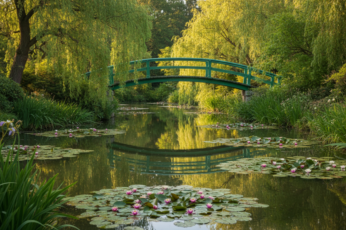 The Japanese bridge at Monet's Giverny water garden in summer, reflected in the lily pond surrounded by weeping willows and water lilies in bloom