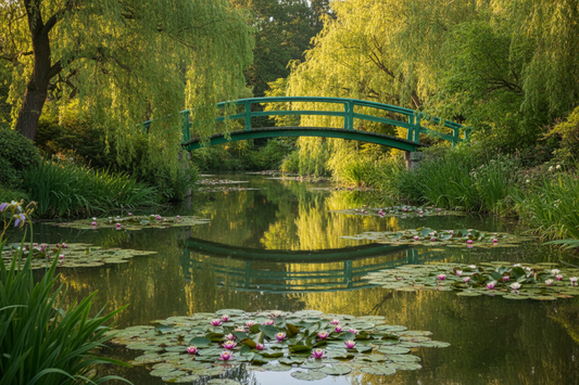 The Japanese bridge at Monet's Giverny water garden in summer, reflected in the lily pond surrounded by weeping willows and water lilies in bloom