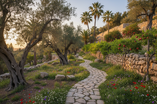 Biblical garden with ancient olive trees, date palms, pomegranate trees and grapevines on stone walls in warm Mediterranean light — LeBonJournal