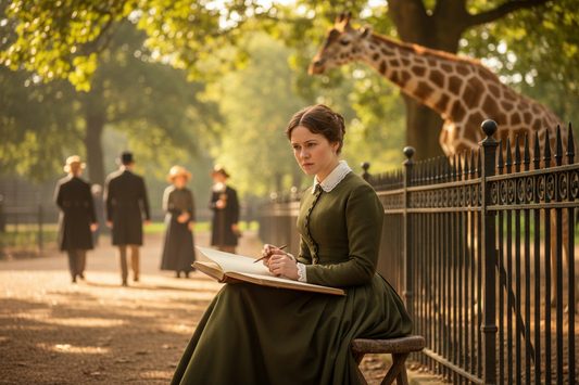 Victorian artist Jemima Blackburn sketching a giraffe from life at a zoological garden, sketchbook on her lap, warm afternoon light