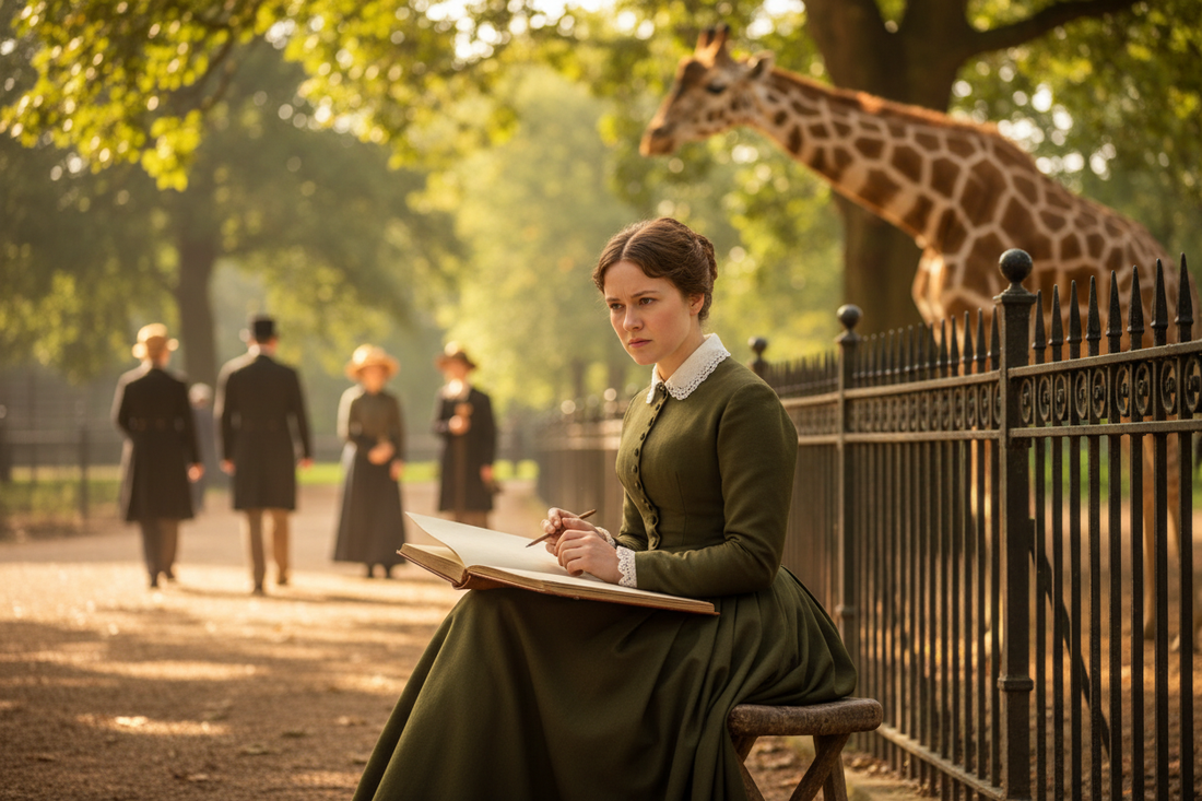 Victorian artist Jemima Blackburn sketching a giraffe from life at a zoological garden, sketchbook on her lap, warm afternoon light