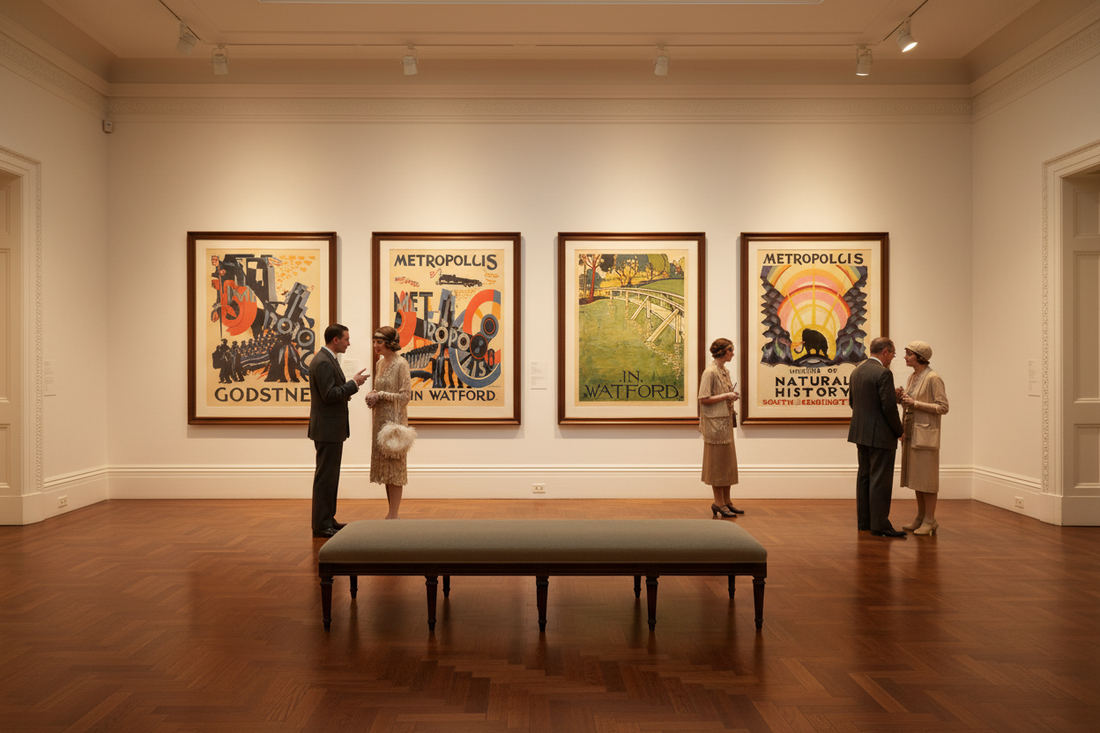 Art gallery exhibition room with visitors admiring Edward McKnight Kauffer vintage railway posters on white walls with museum bench and warm spotlights
