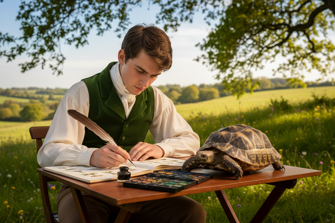 Young Regency naturalist Kenelm Henry Digby sketching a land tortoise at a campaign table outdoors, watercolours and field notebook open, golden afternoon light
