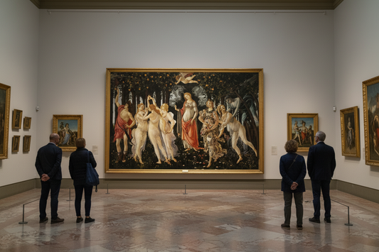 La Primavera by Sandro Botticelli 1477-1482 displayed at the Uffizi Gallery Florence, spring allegory with Flora, Venus and the Three Graces