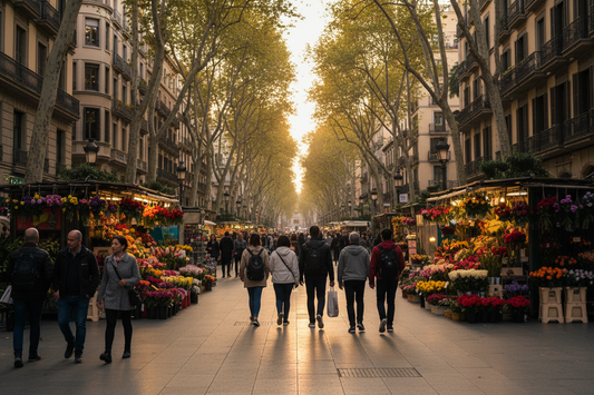 Las Ramblas Barcelona with colorful flower stalls, Modernisme buildings and plane tree canopy in golden afternoon light