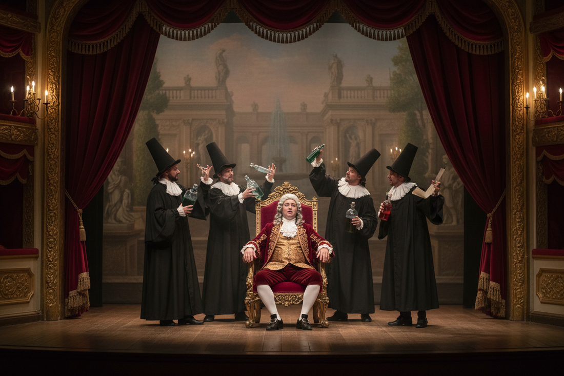Theatrical scene from Le Malade Imaginaire by Molière, hypochondriac gentleman in period costume surrounded by doctors in black robes on a candlelit 17th-century baroque stage