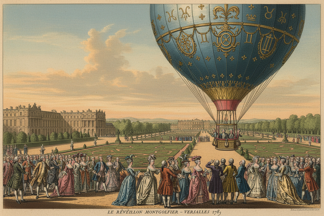 Le Réveillon Montgolfier balloon ascending over the Palace of Versailles gardens on 19 September 1783, crowds of courtiers in 18th-century dress watching below, sky-blue and gold balloon with royal ciphers and fleurs-de-lys, golden afternoon light