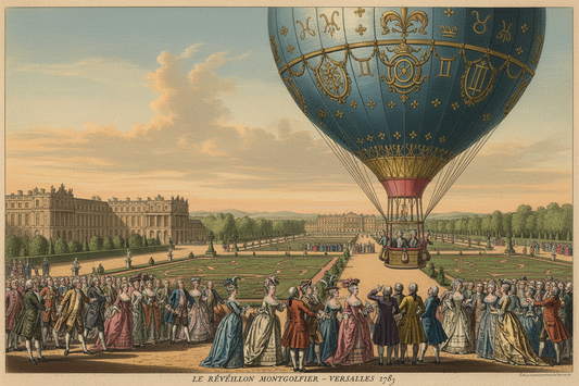 Le Réveillon Montgolfier balloon ascending over the Palace of Versailles gardens on 19 September 1783, crowds of courtiers in 18th-century dress watching below, sky-blue and gold balloon with royal ciphers and fleurs-de-lys, golden afternoon light