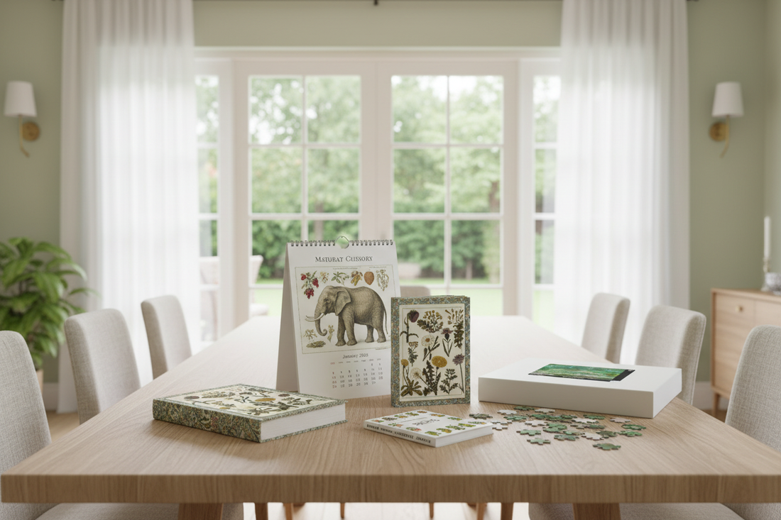 LeBonJournal hardcover botanical journals, vintage natural history calendar, heritage fruits mini book and Monet puzzle on a modern wooden dining table — gifts just arrived