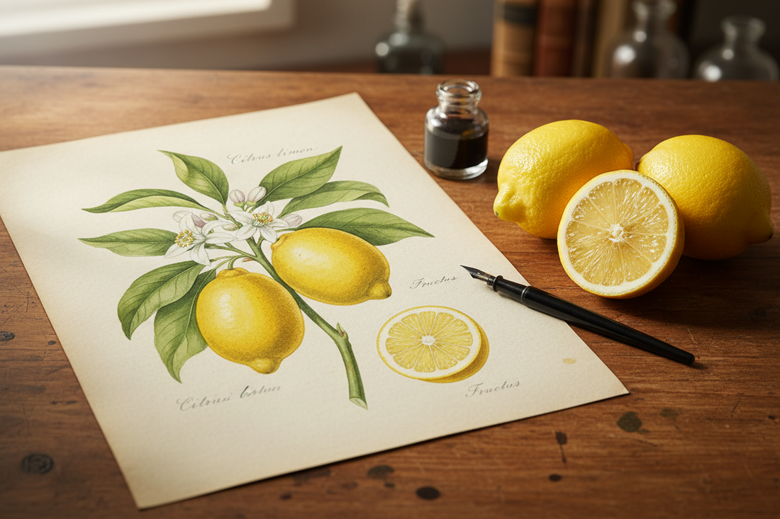 Lemon botanical illustration in watercolor on aged paper with real lemons, ink pen and inkwell on wooden desk in natural light - LeBonJournal