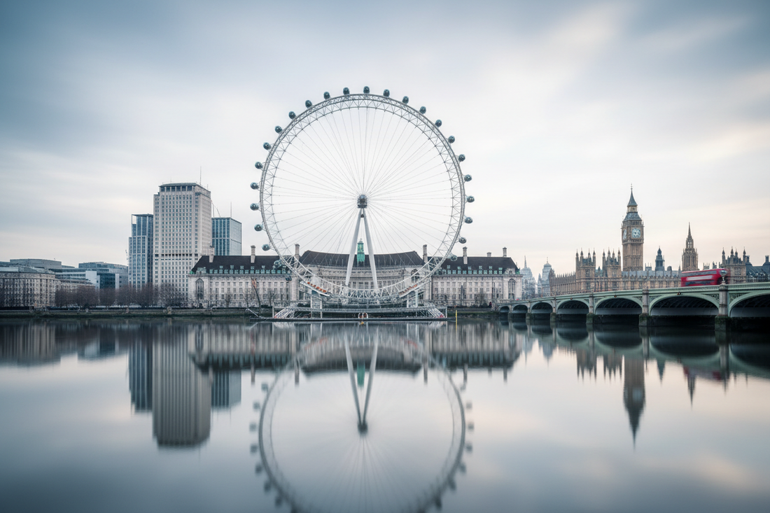 Dreamlike London skyline with the London Eye reflected in the River Thames, red double-decker bus on Westminster Bridge and Big Ben silhouette at dusk - LeBonJournal