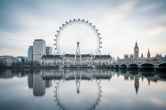 Dreamlike London skyline with the London Eye reflected in the River Thames, red double-decker bus on Westminster Bridge and Big Ben silhouette at dusk - LeBonJournal
