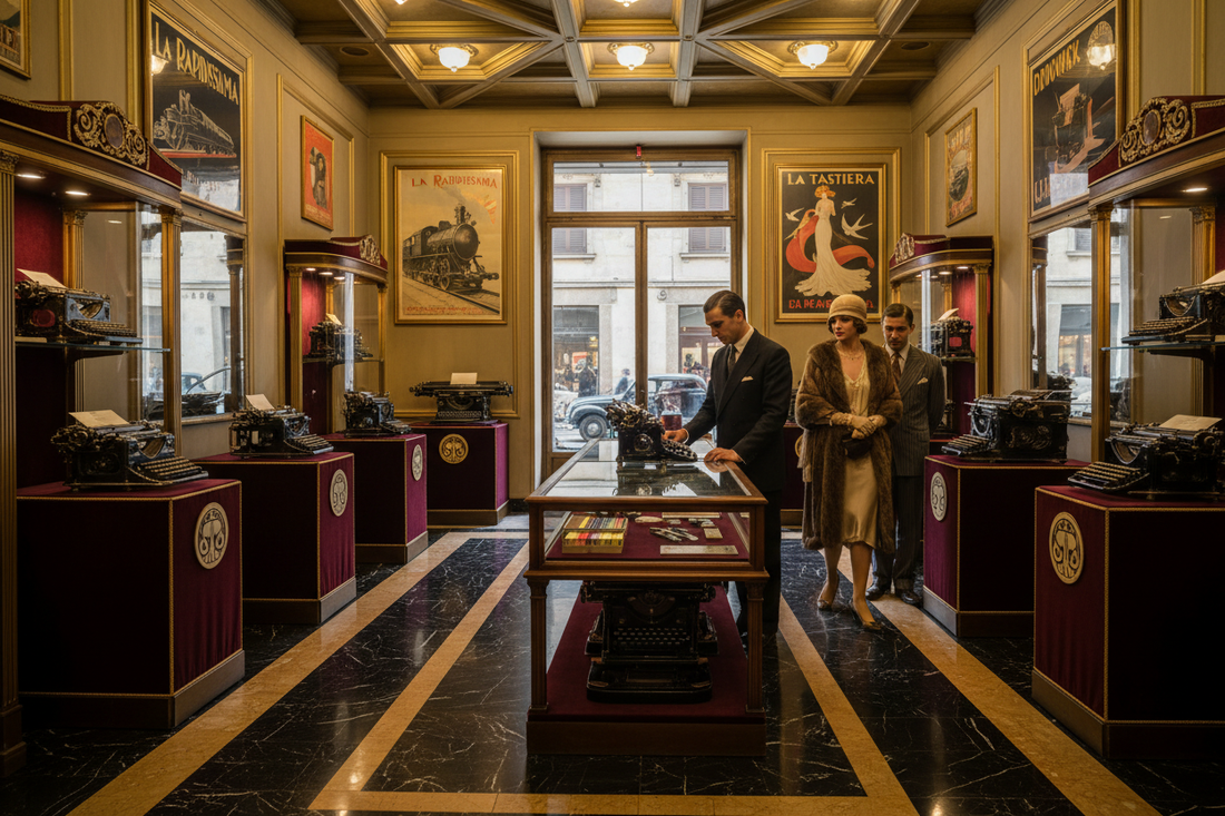 Luxurious Italian Art Deco typewriter showroom circa 1920s with gleaming M20 typewriters on velvet stands La Rapidissima and Dudovich posters on walls elegant salesman and woman customer in cloche hat in golden marble interior - LeBonJournal
