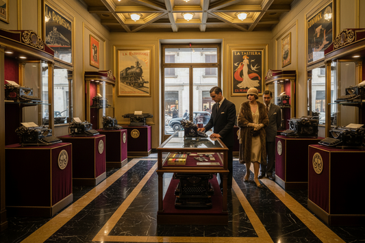 Luxurious Italian Art Deco typewriter showroom circa 1920s with gleaming M20 typewriters on velvet stands La Rapidissima and Dudovich posters on walls elegant salesman and woman customer in cloche hat in golden marble interior - LeBonJournal
