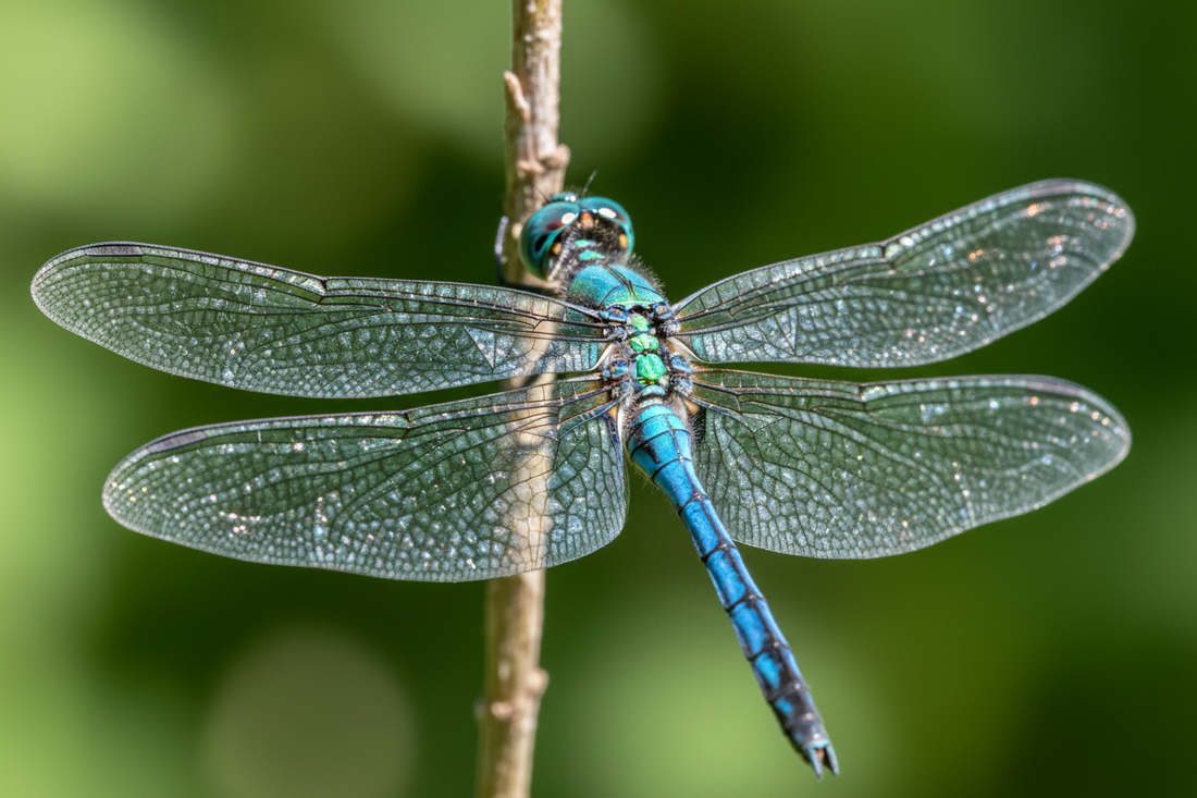 Macro photograph of a dragonfly resting on a stem showing intricate transparent wing venation in natural light