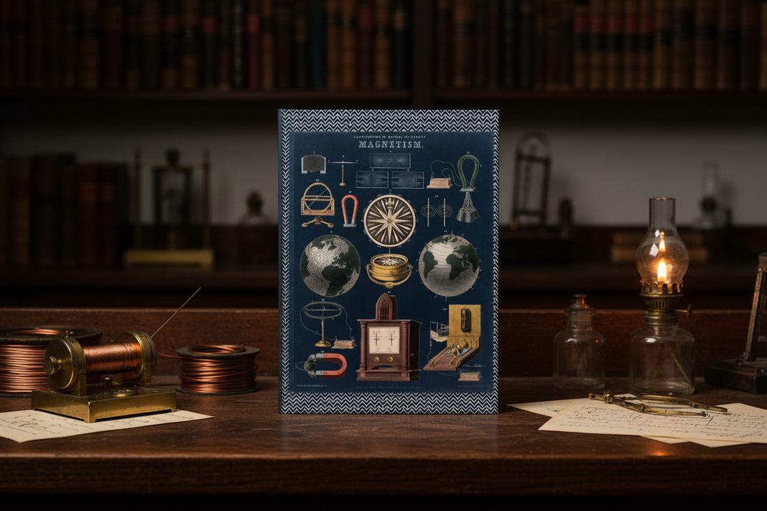Victorian laboratory with Magnetism & Electricity Journal — John Emslie 1850 James Reynolds on oak bench with brass galvanometer, Leyden jar and oil lamp - LeBonJournal
