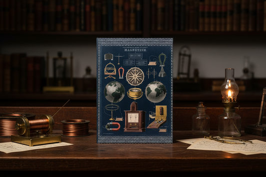 Victorian laboratory with Magnetism & Electricity Journal — John Emslie 1850 James Reynolds on oak bench with brass galvanometer, Leyden jar and oil lamp - LeBonJournal