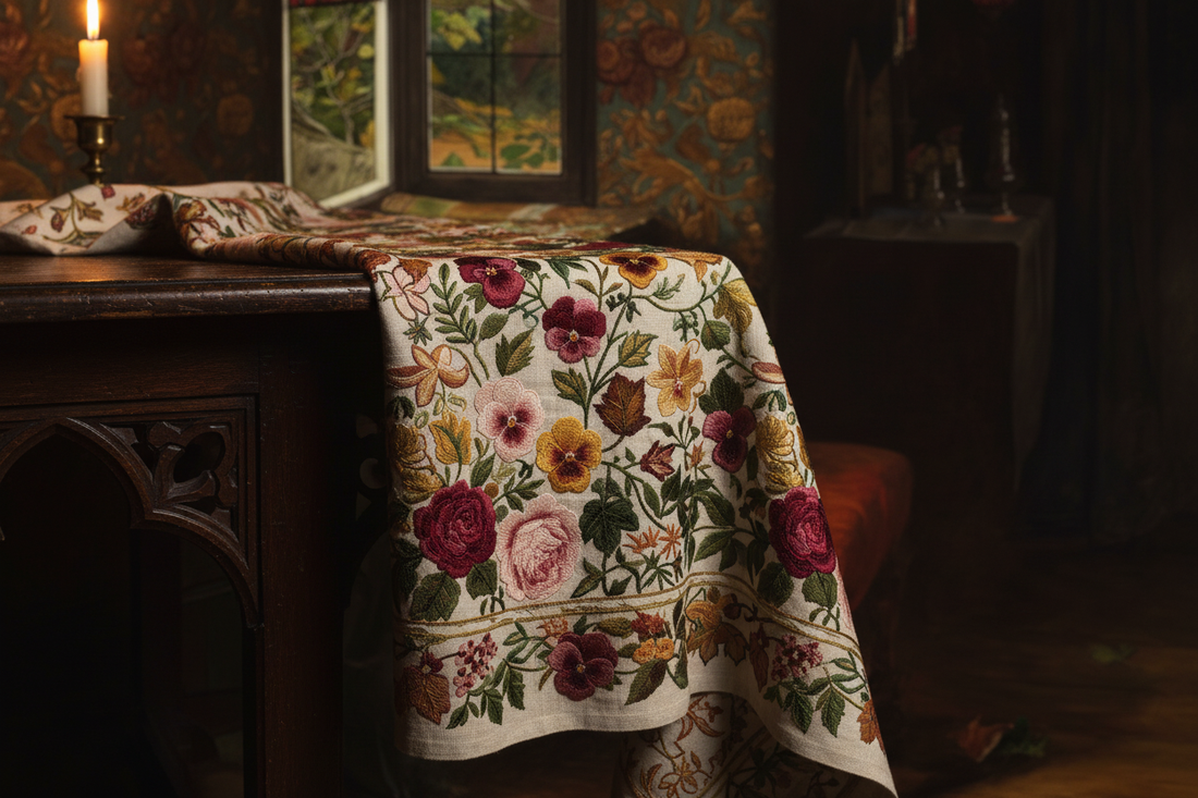 Finished hand-embroidered tablecloth with roses and pansies draped over a dark wooden table in candlelight — Pre-Raphaelite atmosphere inspired by Millais Mariana 1851