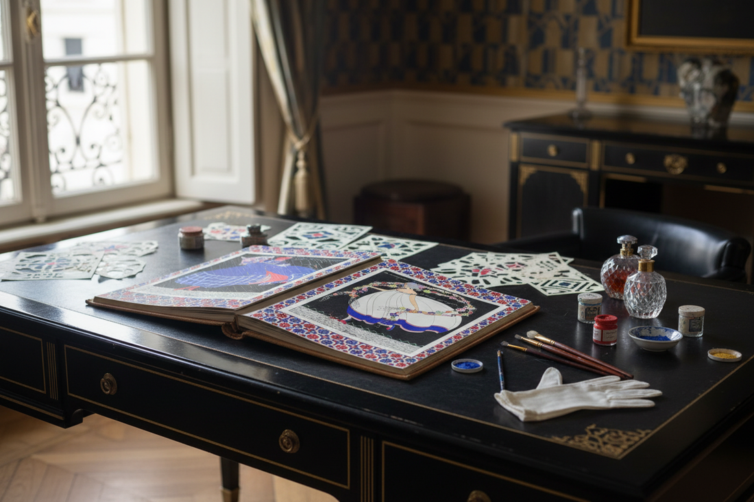 Art Déco Parisian study with open pochoir portfolio in Marthe Romme style, fine brushes, pigment pots and white gloves on lacquered desk, Paris 1919 - LeBonJournal