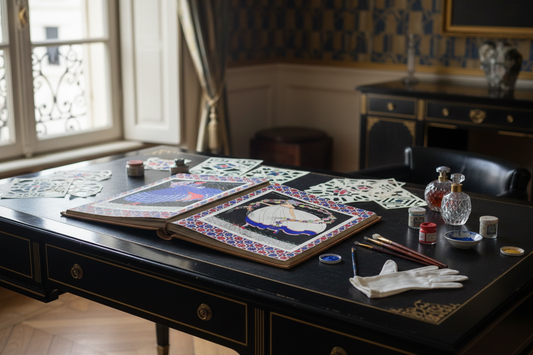 Art Déco Parisian study with open pochoir portfolio in Marthe Romme style, fine brushes, pigment pots and white gloves on lacquered desk, Paris 1919 - LeBonJournal