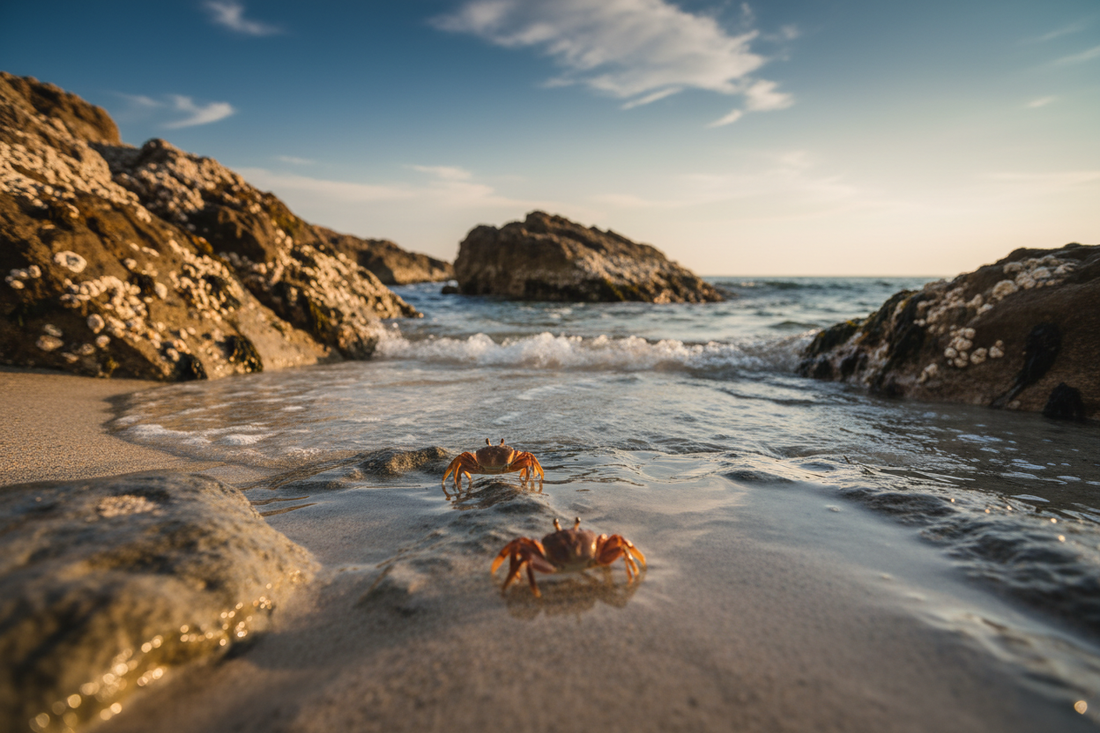 Mediterranean rocky shoreline with retreating wave and crabs on wet glistening rocks in warm afternoon light - LeBonJournal