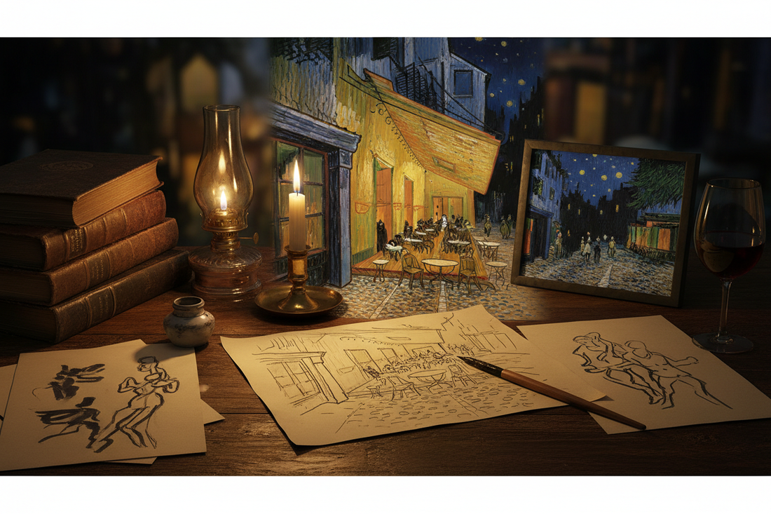 Nocturnal study desk with Van Gogh ink sketch and Café Terrace at Night reproduction, reed pen, inkwell and candlelight evoking Arles 18880 LeBonJournal