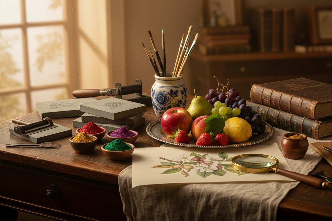 Victorian botanical artist's desk with fresh orchard fruits, lithographic stones, brushes and a half-finished chromolithograph plate — Miss May Rivers style - LeBonJournal