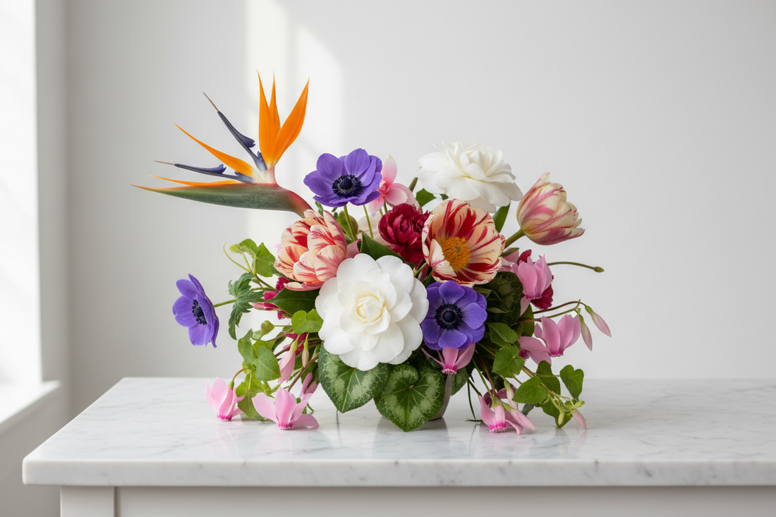 Mixed bouquet with Bird of Paradise, camellias, tulips and anemones on white marble, natural light